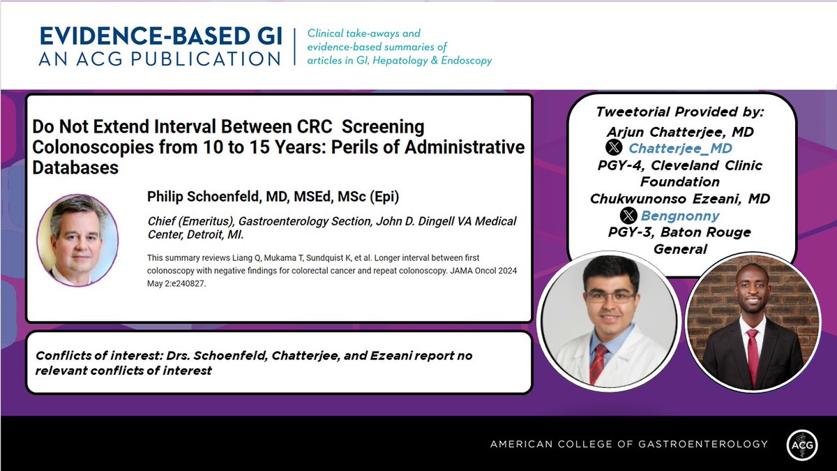 Evidence-Based GI: An ACG Publication (EBGI) (@acg_ebgi) on Twitter photo 1/ ⏰ for #EBGI Tweetorial🧵w/<a href="/Chatterjee_MD/">Arjun Chatterjee</a> & @Bengnonny!
“Do Not Extend Interval Between CRC Screening Colonoscopies from 10 to 15 Years: Perils of Administrative Databases”
📜 Summary bit.ly/47zEs4V
🎧 bit.ly/4gaIMeJ
📰 bit.ly/4dLhCcF
#GITwitter 1/ ⏰ for #EBGI Tweetorial🧵w/<a href="/Chatterjee_MD/">Arjun Chatterjee</a> & @Bengnonny!
“Do Not Extend Interval Between CRC Screening Colonoscopies from 10 to 15 Years: Perils of Administrative Databases”
📜 Summary bit.ly/47zEs4V
🎧 bit.ly/4gaIMeJ
📰 bit.ly/4dLhCcF
#GITwitter