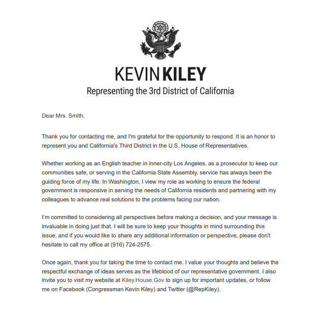 smithbarbv's tweet photo. Reason 152 why we need to #KickOutKiley & elect @Morse4America. I challenge you to figure out the topic this "response" from Kiley is answering. #CA03 deserves true representation, not form letter lip service. #VoteBlueDownBallot #PledgeToVote https://t.co/fS5tpGAQyJ