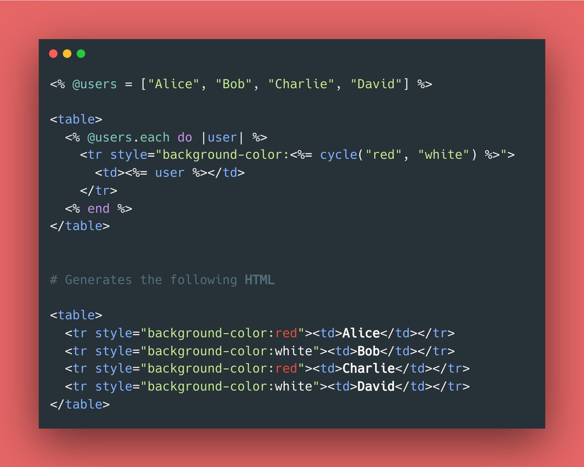 RubyCademy's tweet photo. ✨ RAILS PRO TIPS ✨
Tired of manually styling table rows? ✨💫
Use ActionView's cycle to alternate background colors automatically! 🤩
#rubyonrails #actionview
