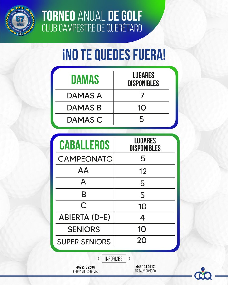 ccqmx's tweet photo. ¡Te estamos esperando!

⛳ Torneo Anual Club Campestre de Querétaro ⛳

Se parte de este gran torneo que estamos preparando para ti. 🏌️

¡NO TE QUEDES FUERA!

✅ Registrate aqui:
https://t.co/caZReRDhT1

⬇️ Convocatoria ⬇️
https://t.co/bbLmJA2rJX 

#golf https://t.co/c9PKYK59np