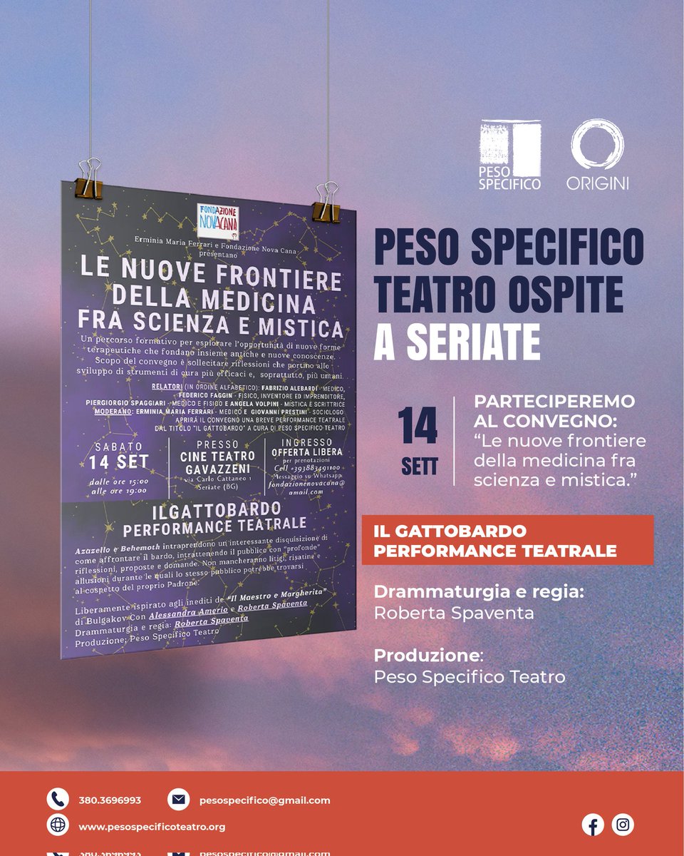 Sabato 14 settembre apriremo il #convegno "Le nuove frontiere della medicina fra scienza e mistica" con la #performance "Il gattobardo", nuova tappa del progetto W/M - il grande Cancelliere. Ci troverete presso il Cine Teatro Gavasseni di Seriate (BG)

#WM #ilgrandecancelliere
