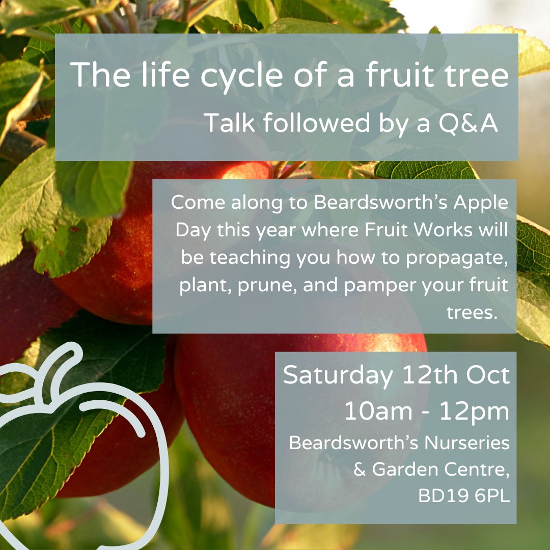 Fruit Works (@fruitworkscoop) on Twitter photo Ever wanted to learn more about the life cycle of a fruit tree? We'll be giving a free, informative talk on the subject followed by a Q&A session at <a href="/Beardsworths/">Beardsworths Nursery</a> Apple Day.
Saturday 12th October
10am - 12pm
Beardsworth's Nurseries & Garden Centre
BD19 6PL Ever wanted to learn more about the life cycle of a fruit tree? We'll be giving a free, informative talk on the subject followed by a Q&A session at <a href="/Beardsworths/">Beardsworths Nursery</a> Apple Day.
Saturday 12th October
10am - 12pm
Beardsworth's Nurseries & Garden Centre
BD19 6PL