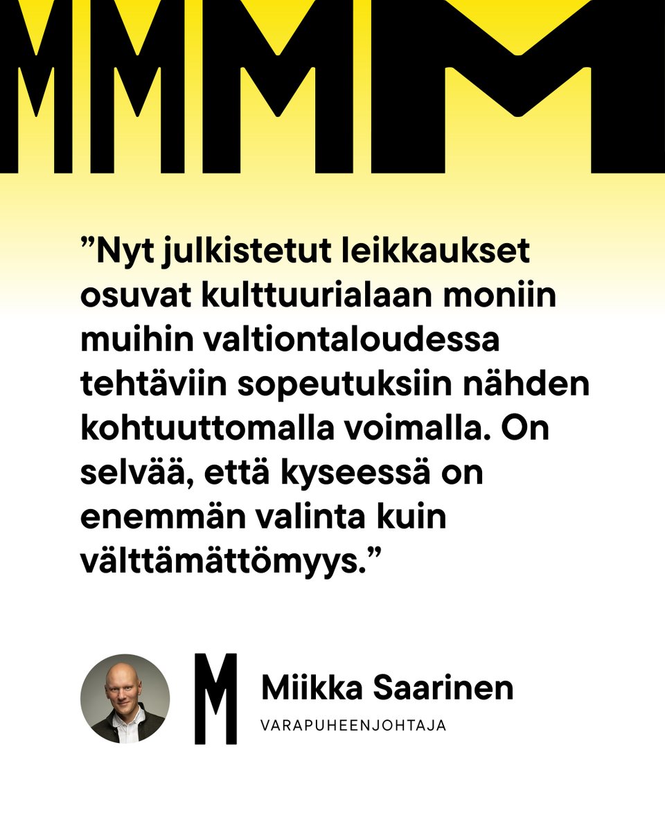 ⚫️ Valinta 🟡

Välttämättöminä esitetyt leikkaukset pohjautuvat valintaan, kirjoittaa Muusikkojen liiton varapuheenjohtaja Miikka Saarinen syyskuun uutiskirjeen pääkirjoituksessa.

Lue lisää: muusikkojenliitto.fi/2024/09/11/lei…

#Äänenkannattaja