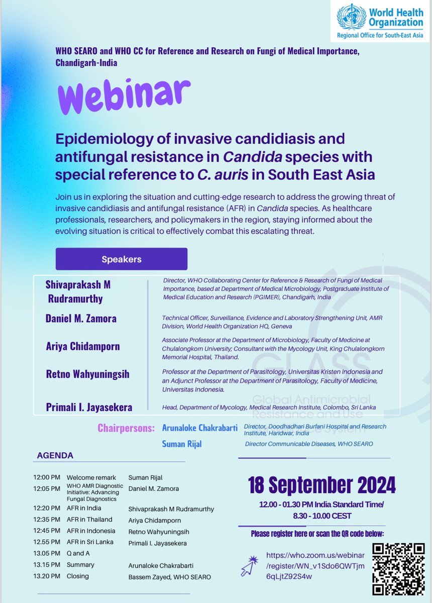Mycology PGIMER Chandigarh (@mycologypgimer) on Twitter photo Join us in exploring Antifungal Resistance in Candida in SEA region
WHO SEARO and WHO Collaborating Centre for Reference and Research on Fungi of Medical Importance,
Chandigarh-India,18 Sep, 2024,12-1.30PM IST
<a href="/ShivaprakashRu1/">Shivaprakash Rudramurthy</a> <a href="/arunaloke2/">Arunaloke Chakrabart</a> <a href="/HarsimranPGI/">Harsimran Kaur</a> <a href="/AnupGho65277798/">Anup Ghosh</a> <a href="/WHOSEARO/">World Health Organization South-East Asia</a> Join us in exploring Antifungal Resistance in Candida in SEA region
WHO SEARO and WHO Collaborating Centre for Reference and Research on Fungi of Medical Importance,
Chandigarh-India,18 Sep, 2024,12-1.30PM IST
<a href="/ShivaprakashRu1/">Shivaprakash Rudramurthy</a> <a href="/arunaloke2/">Arunaloke Chakrabart</a> <a href="/HarsimranPGI/">Harsimran Kaur</a> <a href="/AnupGho65277798/">Anup Ghosh</a> <a href="/WHOSEARO/">World Health Organization South-East Asia</a>