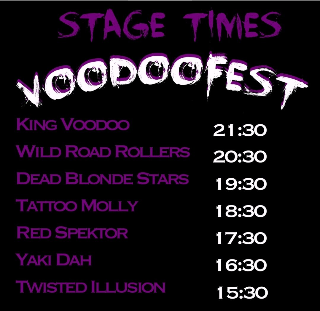 Voodoofest 2 next month !!! Stage times Liverpool EBGBS 19th October Get your tickets here 
wegottickets.com/event/610205
King Voodoo WILD ROAD ROLLERS Dead Blonde Stars Tattoo Molly Red Spektor YAKI DAH Twisted Illusion 
ALL FOR £12..MUSIC FOR THE FANS 
<a href="/Reach360Promo/">Reach 360 Promotions</a> <a href="/GuyB_rockshow/">Guy B</a>