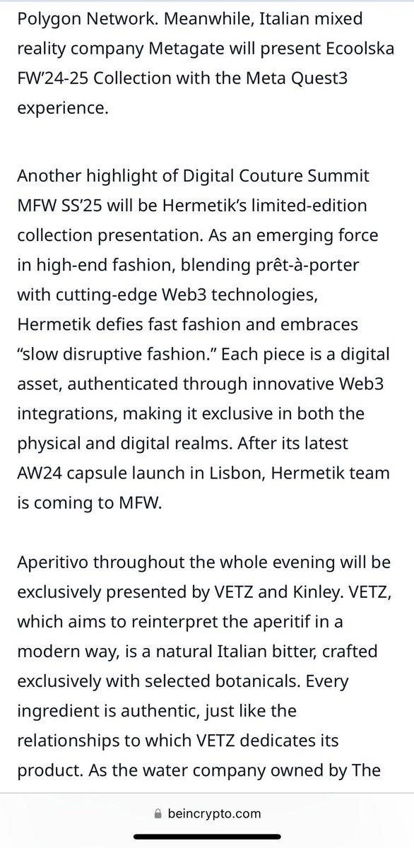 HERMETIK (@hermetikproject) on Twitter photo Hermetik will be present at the <a href="/_DigitalCouture/">Digital Couture Summit</a> during MFW SS'25. Luxury fashion and Web3 technology, taking innovation to the next level.
Read the full <a href="/beincrypto/">BeInCrypto</a> article below 👇👇 Hermetik will be present at the <a href="/_DigitalCouture/">Digital Couture Summit</a> during MFW SS'25. Luxury fashion and Web3 technology, taking innovation to the next level.
Read the full <a href="/beincrypto/">BeInCrypto</a> article below 👇👇