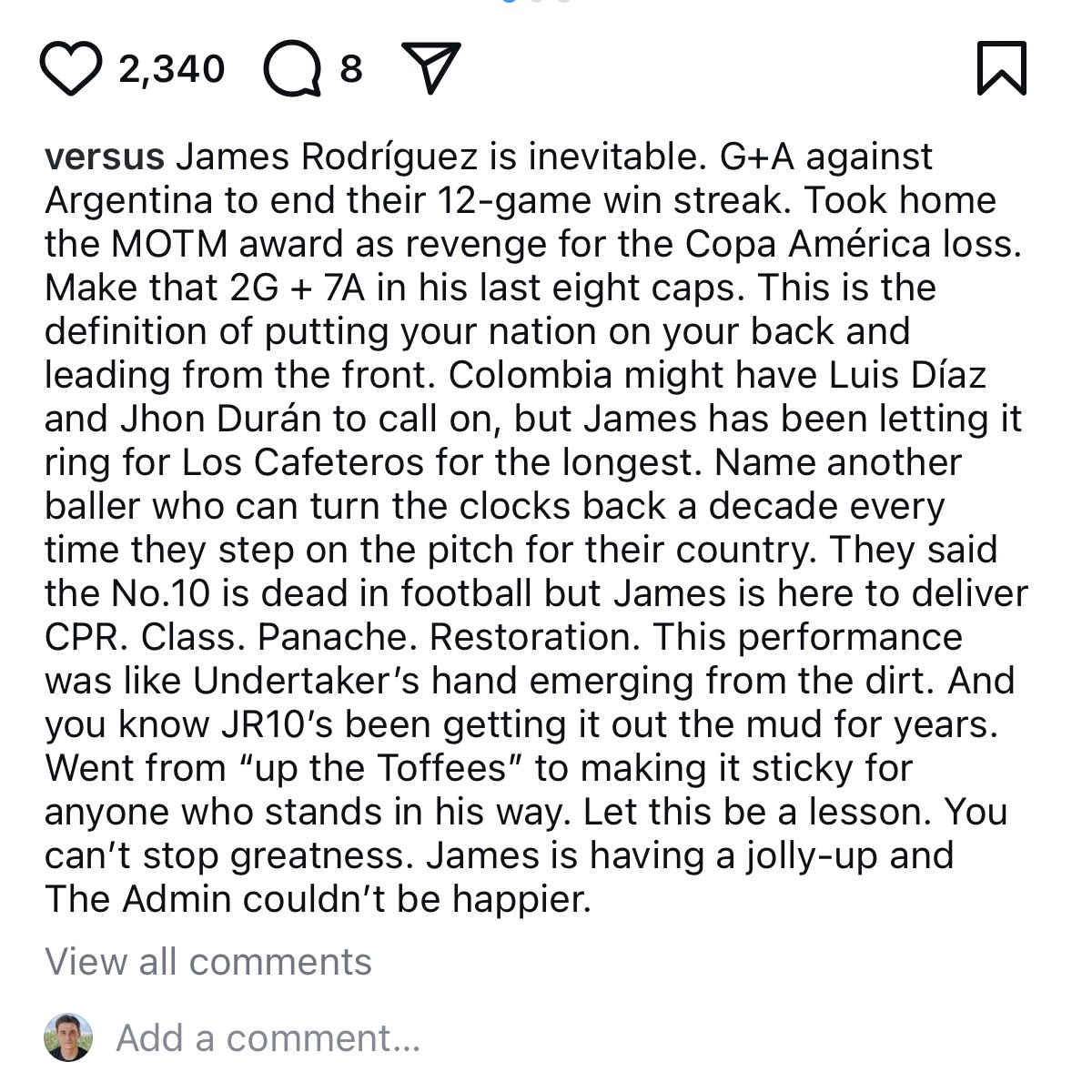 “They said the No.10 is dead in football but James is here to deliver CPR.

Class. Panache. Restoration.”

Babe wake up, <a href="/vsrsus/">VERSUS</a> admin dropped another all-timer. 🖊️😮‍💨