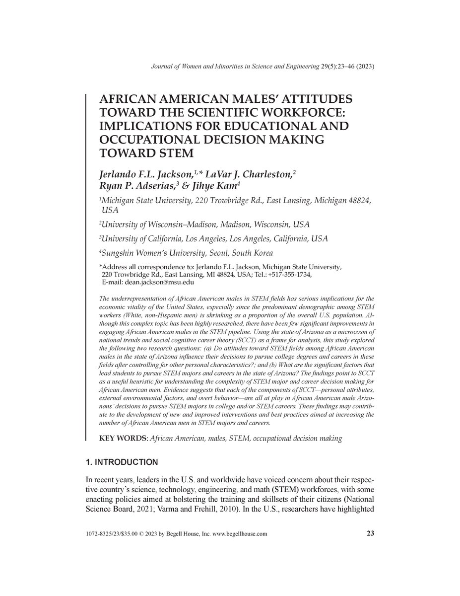JWomMinSciEngr's tweet image. #JWM Special Issue: Black Males in STEM (Pt. 1): 

African American Males’ Attitudes Toward the Scientific Workforce: Implications for Educational &amp;amp; Occupational Decision Making Toward STEM

dl.begellhouse.com/journals/00551…

#BlackAndSTEM #Equity #RepresentationMatters #STEMEducation