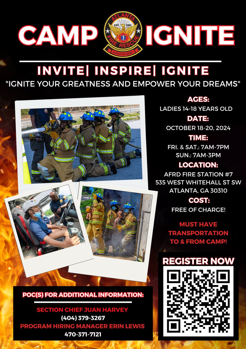 ATLFireRescue's tweet photo. 🔥Camp Ignite registration is now open! 🔥

AFRD is now accepting online applications for our Camp Ignite Program.

Camp Ignite is a 3-day career exploration camp that exposes young women, ages 14-18, to jobs in fire and emergency medical services. https://t.co/RBIZt5vEOG
