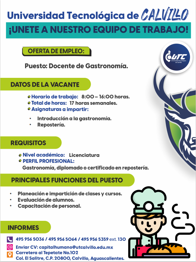 TE ESTAMOS BUSCANDO 🧐🔎

¡Únete al equipo de trabajo de #LaMejorUniversidadDelEstado! en caso de estar interesad@ envía tu CV al correo 📩capitalhumano@utcalvillo.edu.mx
o llama al📞 4959565036 ext.130 ¡Te esperamos! 🫱🏻‍🫲🏼👩🏻‍🍳🧑🏽‍🏫

#TeQuieroEnCalvillo💚
#UTCalvillo