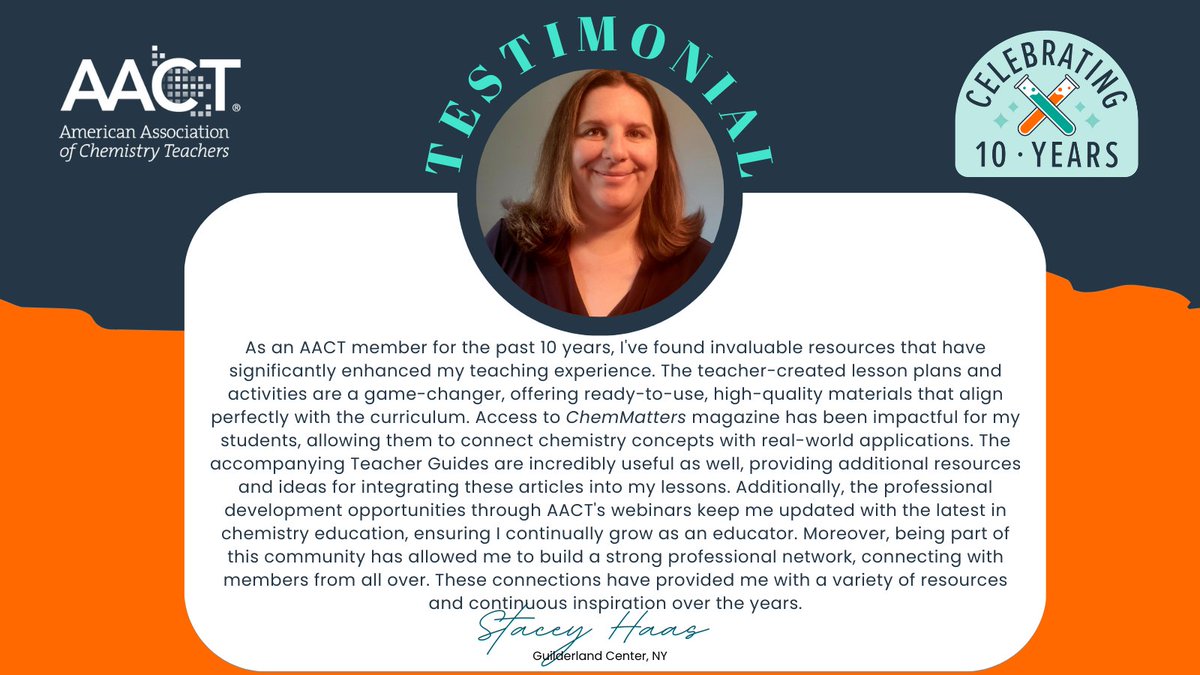 From ready-to-use lesson plans to ChemMatters magazine to webinars, the resources AACT has provided over the past 10 years have been a game-changer for Stacey's teaching. How has AACT impacted your classroom? Share your favorite resource or connection with us!