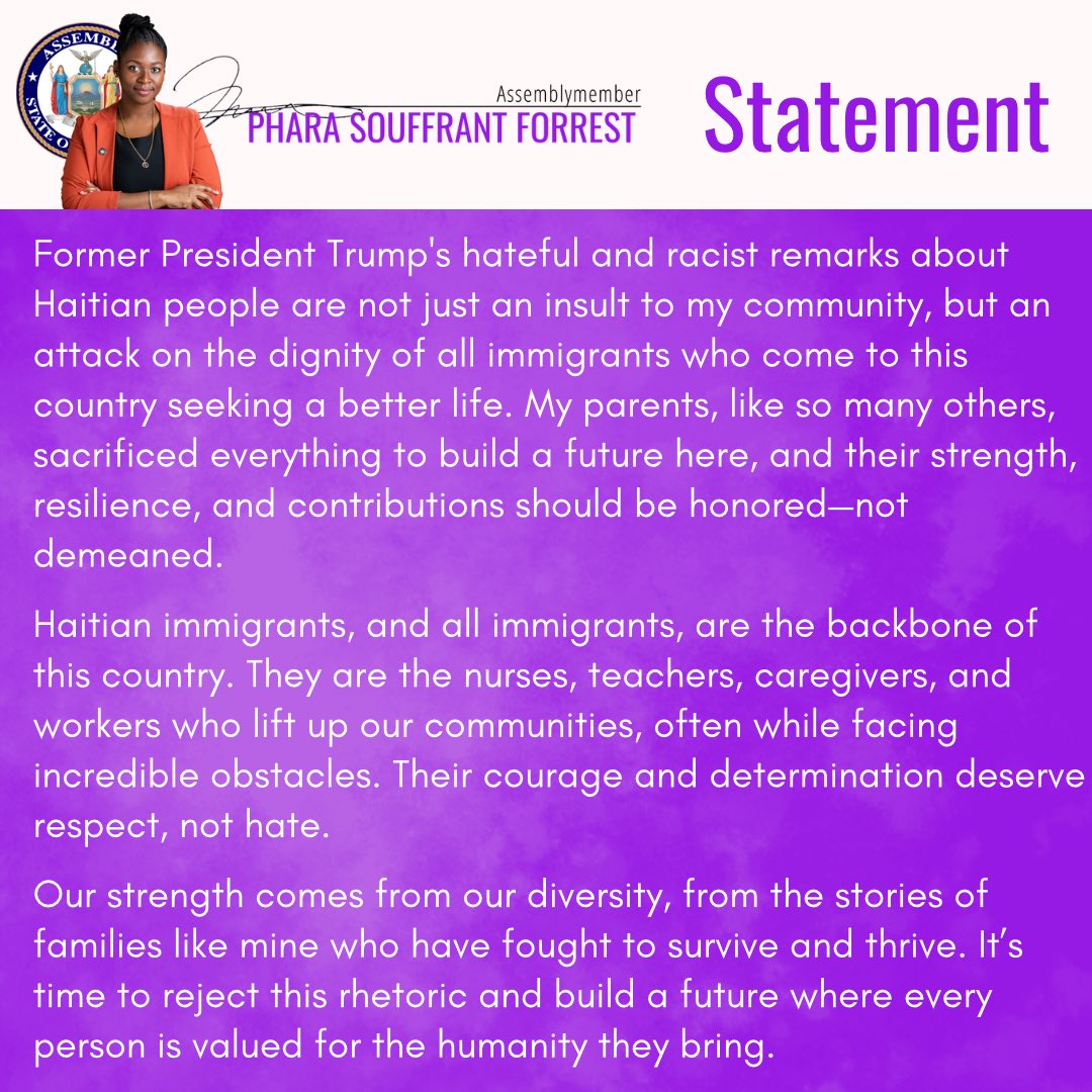 Standing with Haitian immigrants and all immigrants, who are the backbone of this country 💪🏾. As the daughter of Haitian immigrants and the chair of the Task Force on New Americans I condemn the hateful lies spewed by former President Trump last night. 

Statement 👇🏾