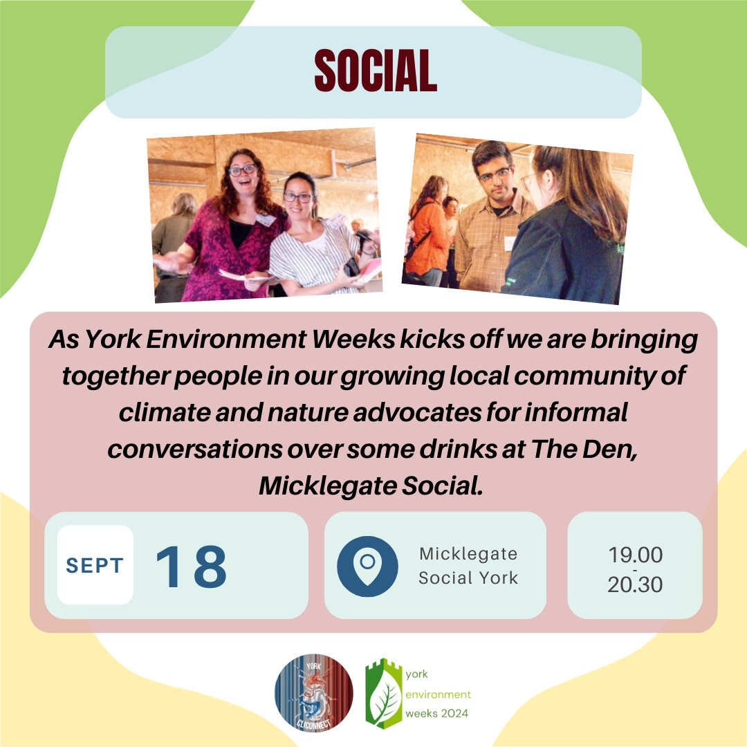 York CliConnect Social &amp; Networking - Weds 18th Sept, 19.30-22.00, Micklegate Social. 

Join us for informal chats with our growing local community of climate and nature advocates. Sign up via the link in the bio, or just drop by on the night!💚

#yorkenvironmentweeks2024 #yews24