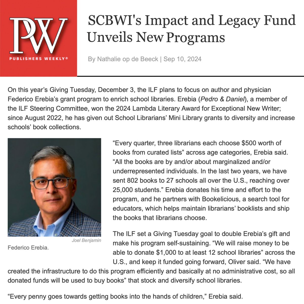 FedericoErebia | PEDRO&DANIEL (@federicoerebia) on Twitter photo A nice article about the
SCHOOL LIBRARIANS' MINI LIBRARY
(SLML) grants in Publishers Weekly.
For the full Publishers Weekly story: bit.ly/4dUatqs
To apply for an SLML grant: bit.ly/SLMLapply2024
<a href="/PublishersWkly/">Publishers Weekly</a> #BookTwitter #LibraryTwitter #TeacherTwitter A nice article about the
SCHOOL LIBRARIANS' MINI LIBRARY
(SLML) grants in Publishers Weekly.
For the full Publishers Weekly story: bit.ly/4dUatqs
To apply for an SLML grant: bit.ly/SLMLapply2024
<a href="/PublishersWkly/">Publishers Weekly</a> #BookTwitter #LibraryTwitter #TeacherTwitter