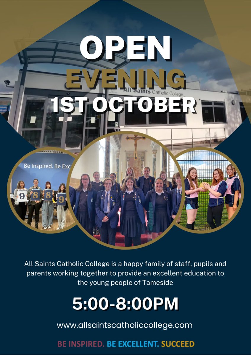 All Saints Catholic College in Dukinfield will hold an Open Evening on Tuesday, October 1st. 

For more information visit: allsaintscatholiccollege.com

#ad @allsaintsccduk