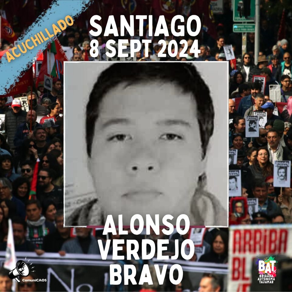 Lamentamos profundamente el asesinato de Alonso Verdejo, condenamos enérgicamente este acto vil y cobarde, nuestro pésame para su familia. Esto no quedará impune, el pueblo va a cobrar.  
#FSLN #FMLN #EZLN #ELN #26DeJulio #MRTA #MJL #MIR #PC #PS #IC #CAM #WA1973M #RML #LNM #Boric