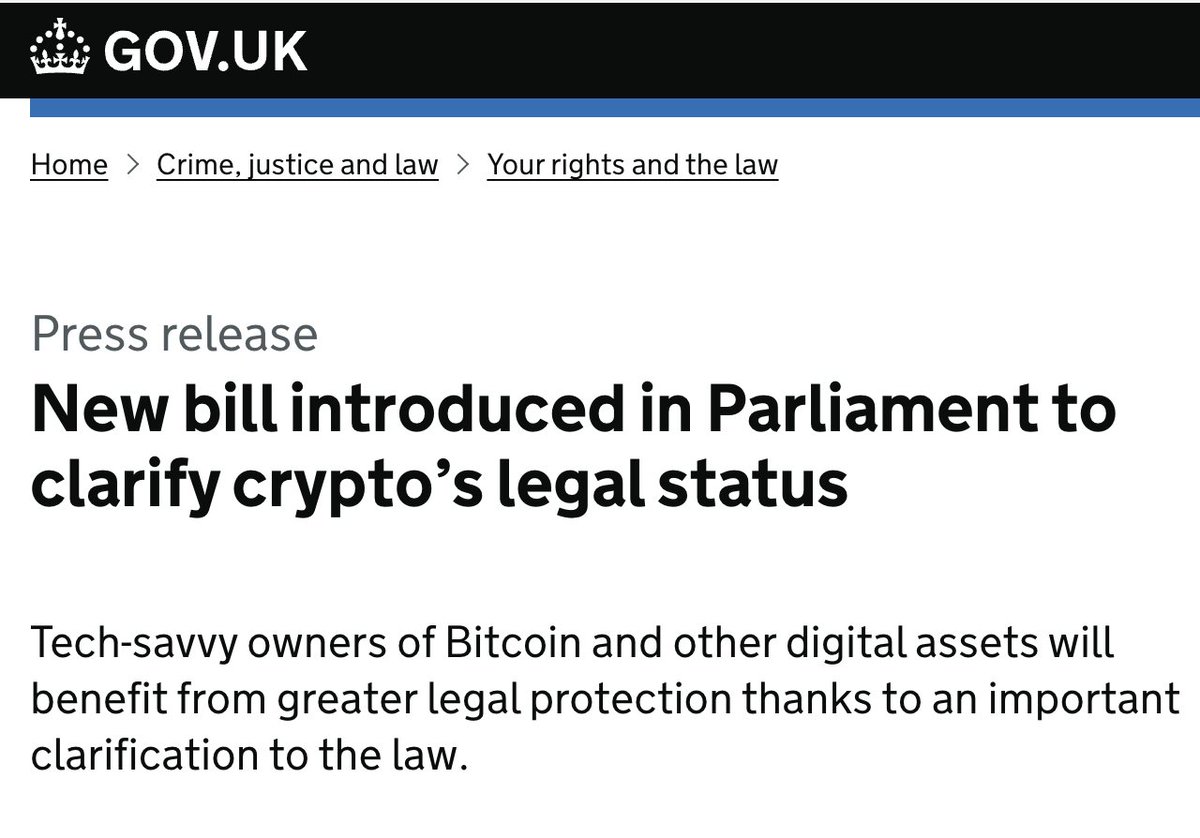 JUST IN: 🇬🇧 UK Parliament introduces bill to recognize #Bitcoin as  personal property.