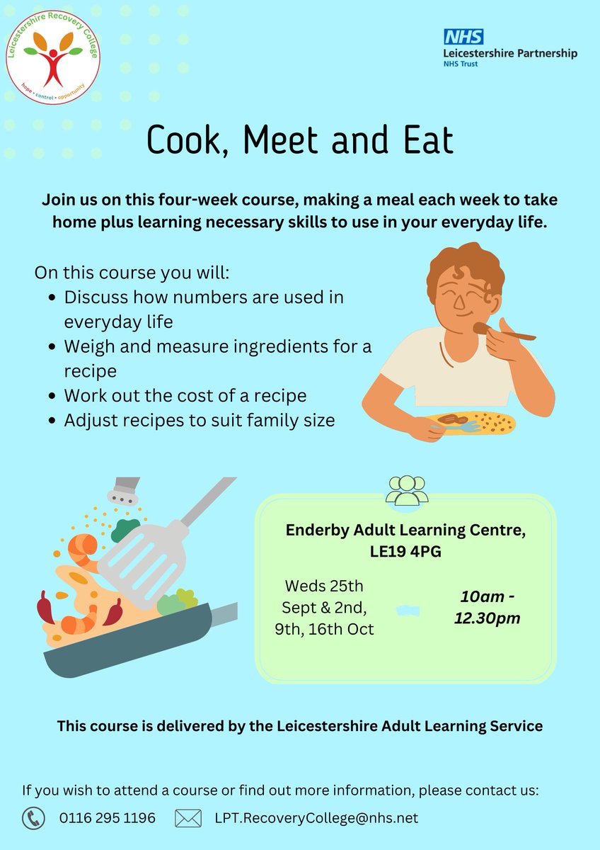 This Autumn Term, we have brand new courses with available spaces!

Keeping Tabs of Costs, starting on the 20th Sept at the Wigston Magna Library

Cook, Meet and Eat, starting on the 25th Sept at the Enderby Adult Learning Centre

For more details, please see these flyers!