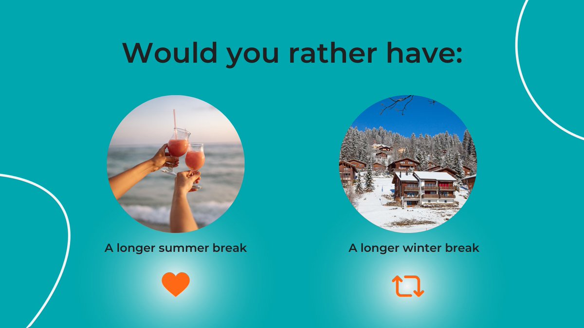 Time to choose! Would you prefer a longer summer break to soak up the sun or a longer winter break to enjoy the snowy wonderland? 

React with a like for summer ☀️ or repost for winter 🌨️. 
And let us know in the comments why you chose your season!