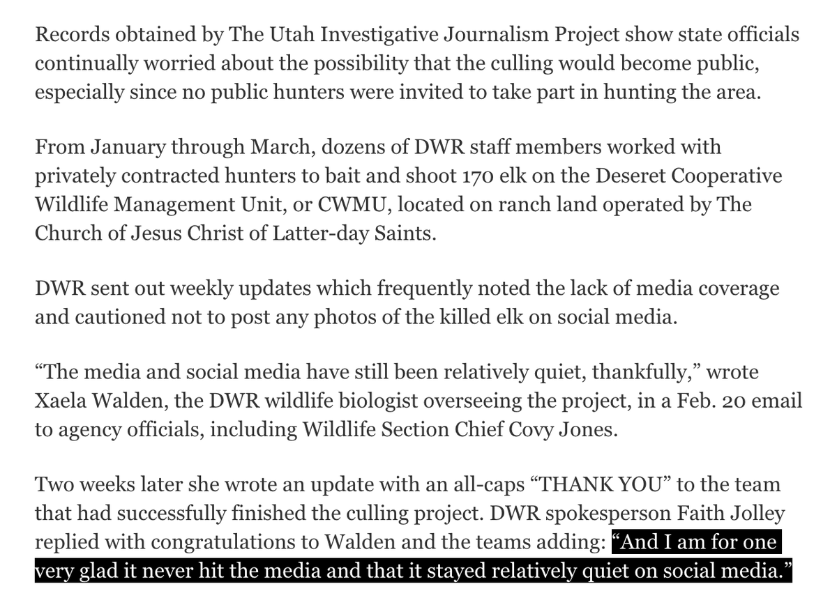 Fascinating reporting here from the Utah Investigative Journalism Project on a secretive effort to cull 170 elk from ranch land owned by The Church of Jesus Christ of Latter-day Saints: utahinvestigative.org/utah-wildlife-…