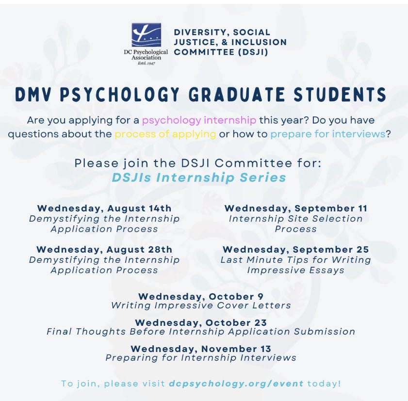 Dr. KK (@drkkirkpsych) on Twitter photo 🚨Psych grad students applying for internship🚨
Join your colleagues + get your internship questions answered (TONIGHT!) Topics help w/ focus, but all questions welcome!
Sign up:
Dcpsychology.org/event
See flyer with dates and topics! <a href="/DCPsychAssoc/">DC Psychological Association</a>
#appic #psychtwitter 🚨Psych grad students applying for internship🚨
Join your colleagues + get your internship questions answered (TONIGHT!) Topics help w/ focus, but all questions welcome!
Sign up:
Dcpsychology.org/event
See flyer with dates and topics! <a href="/DCPsychAssoc/">DC Psychological Association</a>
#appic #psychtwitter
