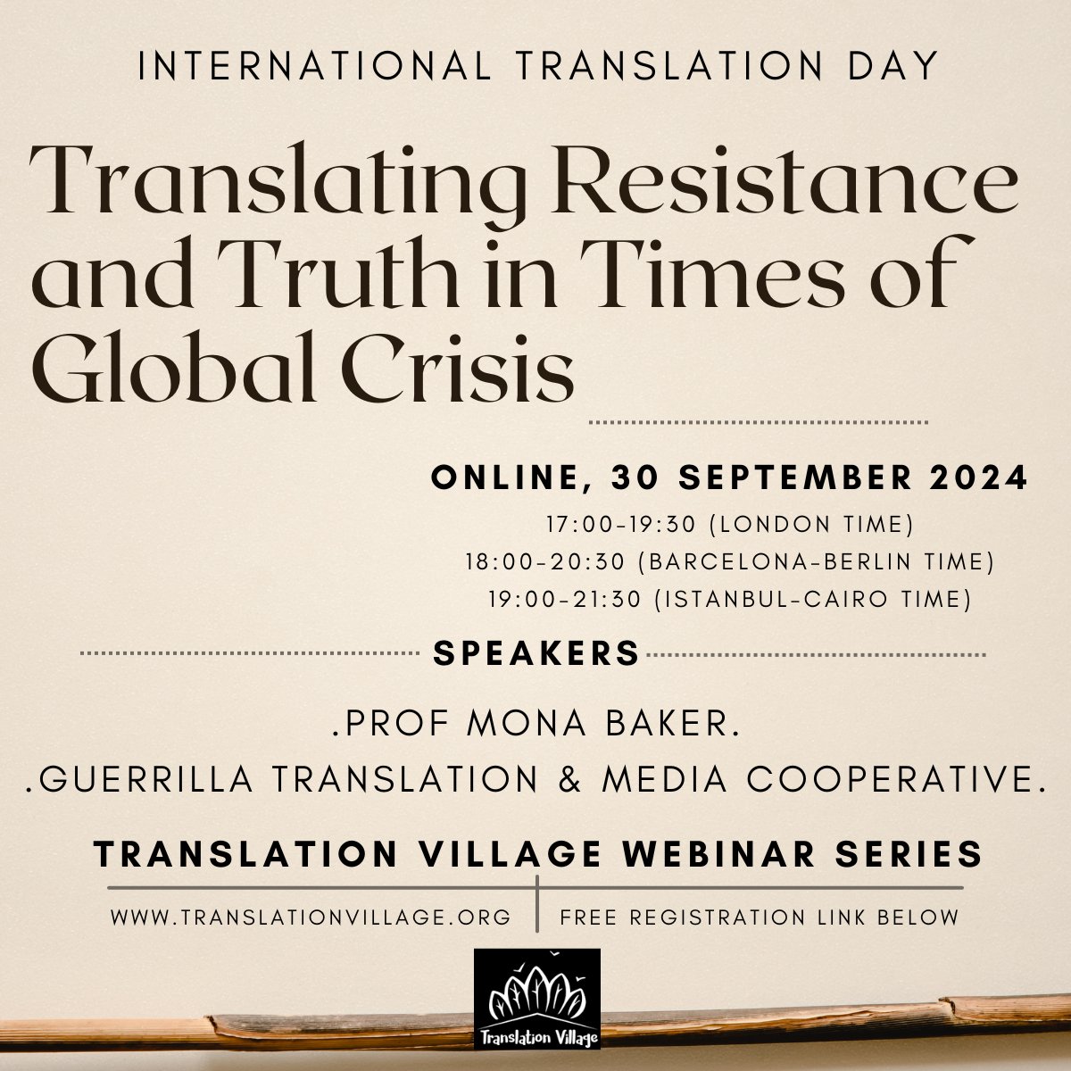 Mona Baker @monabaker11.bsky.social (@monabaker11) on Twitter photo Translating Resistance & Truth in Times of Global Crisis 30 Sept 24 Free Online event hosted by Translation Village tickettailor.com/events/transla… <a href="/BCeviribilim/">BU Dept. of Translation & Interpreting Studies</a> <a href="/AbdulGabbar2/">Abdul Gabbar Al-Sharafi</a> <a href="/kshehari/">Khaled Al-Shehari خالد الشّهاري</a> <a href="/Jossmo/">Joss Moorkens</a> <a href="/leepurvis_/">Dr Lee Purvis</a> <a href="/BahadirSebnem/">Şebnem Bahadır</a> <a href="/ozumarzik/">Dr. Özüm Arzık Erzurumlu</a> <a href="/CriMarinetti/">Cristina Marinetti</a> <a href="/RespondCrisis/">Respond Crisis Translation</a> <a href="/Neil_Sadler/">Neil Sadler</a> <a href="/estherlallen/">Esther Allen</a> Translating Resistance & Truth in Times of Global Crisis 30 Sept 24 Free Online event hosted by Translation Village tickettailor.com/events/transla… <a href="/BCeviribilim/">BU Dept. of Translation & Interpreting Studies</a> <a href="/AbdulGabbar2/">Abdul Gabbar Al-Sharafi</a> <a href="/kshehari/">Khaled Al-Shehari خالد الشّهاري</a> <a href="/Jossmo/">Joss Moorkens</a> <a href="/leepurvis_/">Dr Lee Purvis</a> <a href="/BahadirSebnem/">Şebnem Bahadır</a> <a href="/ozumarzik/">Dr. Özüm Arzık Erzurumlu</a> <a href="/CriMarinetti/">Cristina Marinetti</a> <a href="/RespondCrisis/">Respond Crisis Translation</a> <a href="/Neil_Sadler/">Neil Sadler</a> <a href="/estherlallen/">Esther Allen</a>