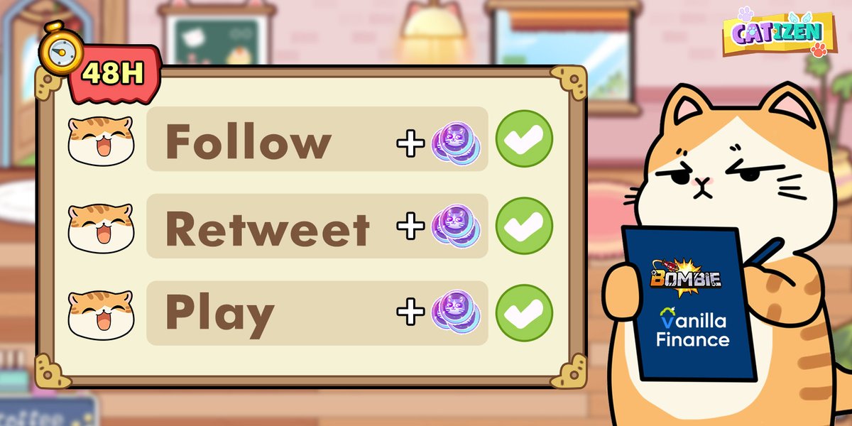 🪂  Airdrop Support! 🎉🪙

Get ready for an epic opportunity in Catizen! 
For the next 48 hours only, dive into the "Earn" section of Catizen game and complete the <a href="/VanillaFinance/">Superp (Formerly Vanilla Finance)</a> and <a href="/Bombie_xyz/">Bombie</a> tasks to score a massive xZEN reward! 💰✨

Don’t miss out on this 48H limited-time