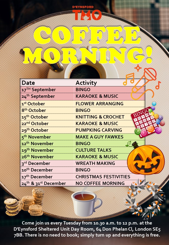 Our coffee morning is every Tuesday from 10.30am to 12pm. We have different activity every week and is attended by our lovely residents. Come and join us for a cuppa if you are free ☕️