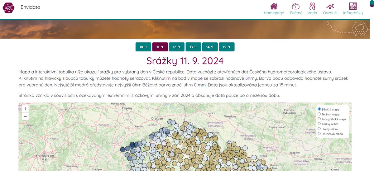 Jachym's tweet photo. S ohledem na očekávanou situaci jsem z opendat ČHMÚ naprogramoval speciální webovou aplikaci na Envidata, která ukazuje úhrny srážek pro celou ČR z jednotlivých stanic v hodinových krocích včetně mapy a interaktivní tabulky. Zítra bych ji rád zveřejnil, pokud máte chuť mi pomoct otestovat ji, prosím napište mi do komentářů a pošlu zprávou odkaz.
#srážky #počasí #envidata