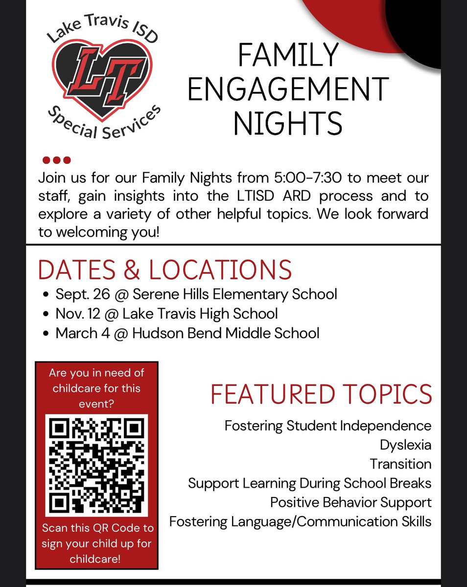 LTISDSpecSvcs's tweet image. We can’t wait to meet our families!  Please plan to join us for our first Family Engagement Night on 9/26@ SHE!  Childcare provided!