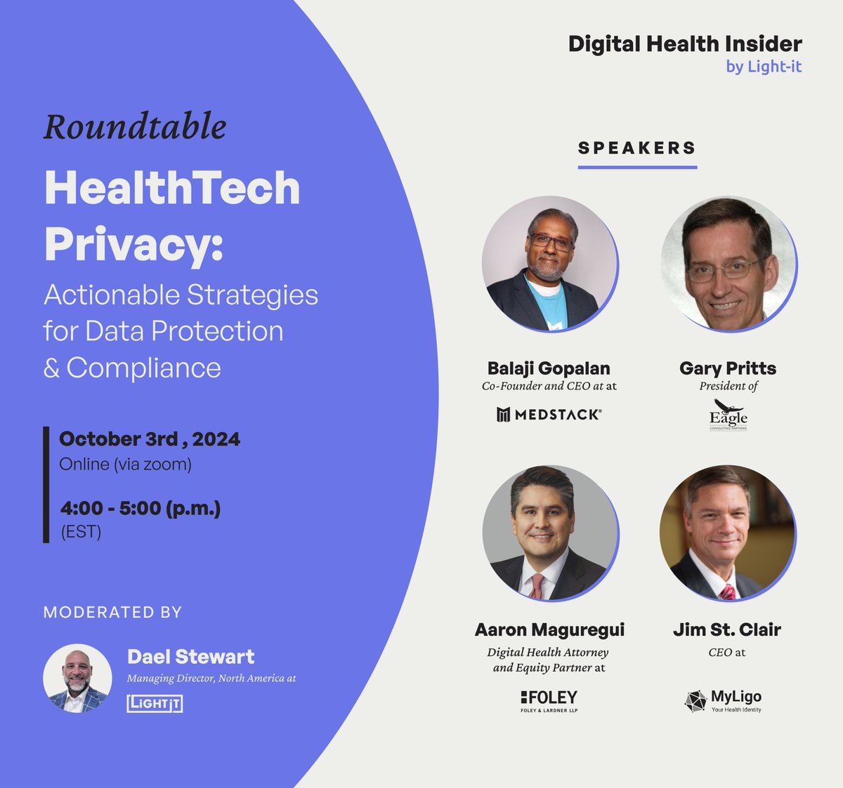 Light-it (@lightit_io) on Twitter photo Join us for our 5th DHI roundtable, where weβll deep dive into Securing Healthtech Privacy with <a href="/BalajiGopalan73/">Balaji Gopalan</a>, Co-Founder and CEO at <a href="/MedStack/">MedStack, Inc.</a>; <a href="/jstclair1/">Jim St.Clair</a>, CEO at <a href="/MyLigo_Identity/">MyLigo - Your Health Identity</a>; <a href="/CISSP_Esq/">Aaron T. Maguregui, Esq., CISSP</a>, Digital Health Attorney and Equity Partner at <a href="/FoleyandLardner/">Foley & Lardner LLP</a>; Gary Pritts, Join us for our 5th DHI roundtable, where weβll deep dive into Securing Healthtech Privacy with <a href="/BalajiGopalan73/">Balaji Gopalan</a>, Co-Founder and CEO at <a href="/MedStack/">MedStack, Inc.</a>; <a href="/jstclair1/">Jim St.Clair</a>, CEO at <a href="/MyLigo_Identity/">MyLigo - Your Health Identity</a>; <a href="/CISSP_Esq/">Aaron T. Maguregui, Esq., CISSP</a>, Digital Health Attorney and Equity Partner at <a href="/FoleyandLardner/">Foley & Lardner LLP</a>; Gary Pritts,
