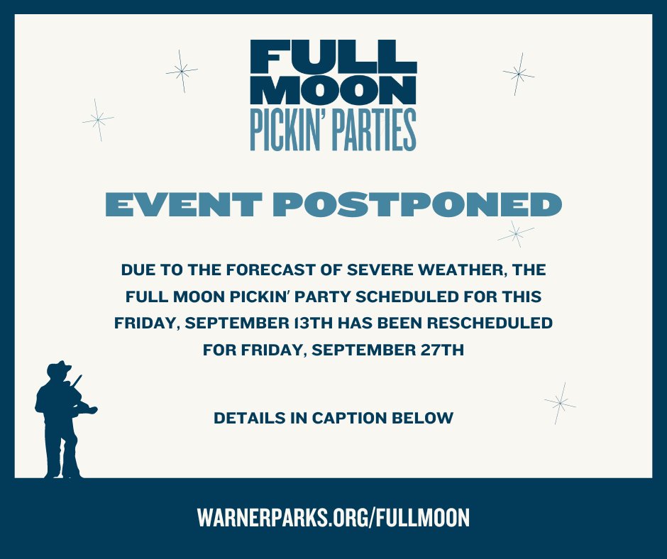 FriendsofWarnerParks (@warnerparkstn) on Twitter photo Severe weather in middle Tennessee does not bode well for the Full Moon Pickin' Party. See y'all on Friday, September 27th! Tickets here: warnerparks.org/event/full-moo…
For refund inquiries, email friends@warnerparks.org Severe weather in middle Tennessee does not bode well for the Full Moon Pickin' Party. See y'all on Friday, September 27th! Tickets here: warnerparks.org/event/full-moo…
For refund inquiries, email friends@warnerparks.org