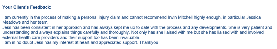 Laura Mcilduff (@lauramcilduffim) on Twitter photo Lovely to open my inbox to see some fantastic feedback for Solicitor <a href="/JessLyth09/">Jessica Meadows</a> <a href="/irwinmitchell/">Irwin Mitchell</a> who has worked exceptionally hard to support a client following a serious injury. Fantastic work as always Jess! 🌟 Lovely to open my inbox to see some fantastic feedback for Solicitor <a href="/JessLyth09/">Jessica Meadows</a> <a href="/irwinmitchell/">Irwin Mitchell</a> who has worked exceptionally hard to support a client following a serious injury. Fantastic work as always Jess! 🌟