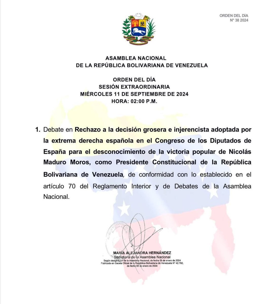 🏛 | PROPUESTA DE ORDEN DEL DÍA 
Miércoles  #11Sep  02:00 pm
#AsambleaNacional 🇻🇪
#SesiónExtraordinaria