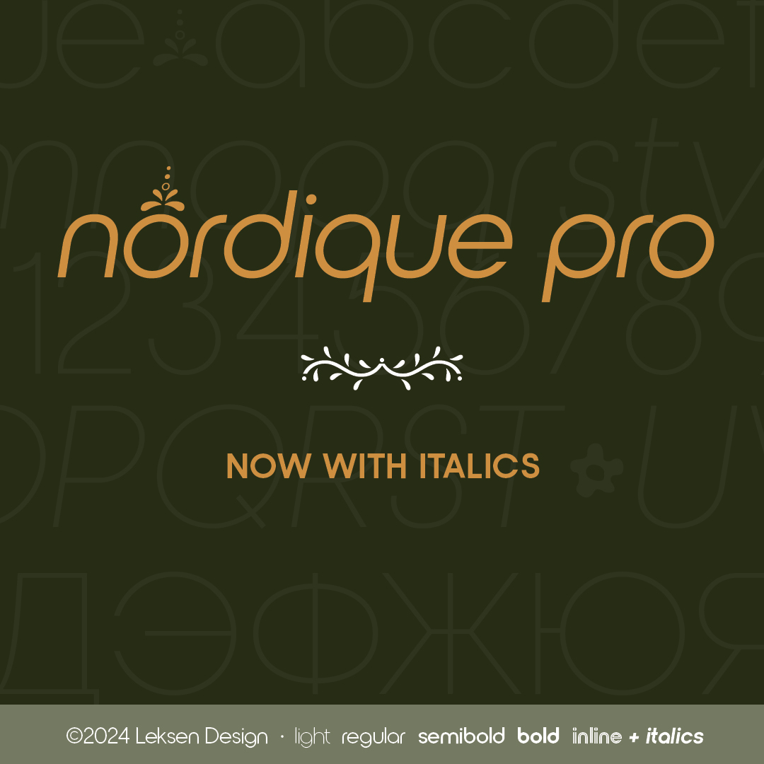 leksendesign's tweet image. Italics are now available for the Nordique font family, with modern Scandinavian ornaments and alternate characters! For sale @MyFonts 
#fontdesign #sansserif #scandinavian #typography 

myfonts.com/collections/no…