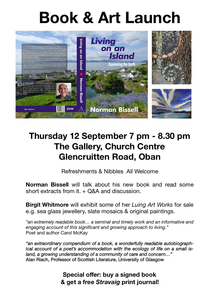 Last call: Oban Book &amp; Art Launch Thursday 12 September! Birgit will display some of her Luing Art Works &amp; I’ll talk about life on #islands &amp; #geopoetics. Q&amp;A, discussion, drinks &amp; nibbles. Book for free now @ bit.ly/Oban_Launch. Buy books also @ bit.ly/NBShop.
