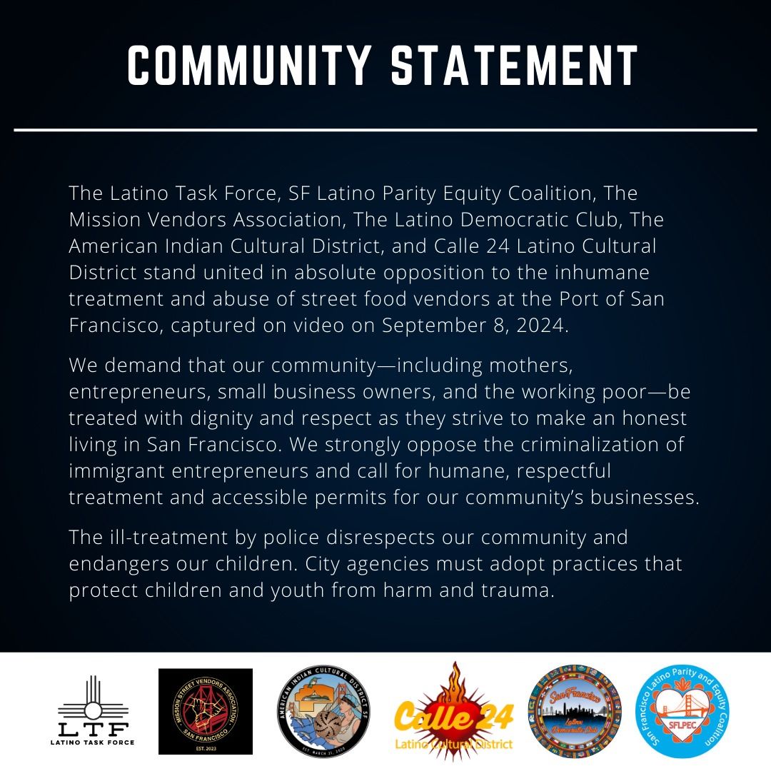 We are in strong opposition of the mistreatment of any of our local vendor community members. Please help us by advocating for city policies that protect our street vendors and families from inhumane treatment and trauma. 

Learn more here:
missionlocal.org/.../female-hot…