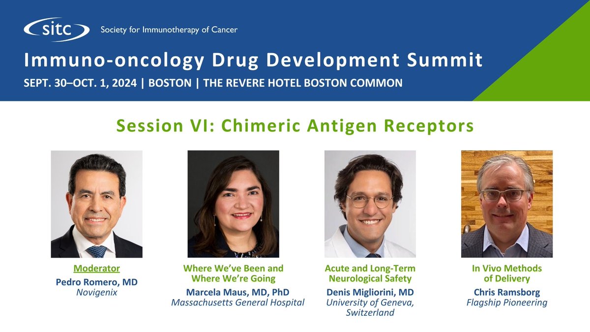 Attend the #SITC IO Drug Development Summit! This program will explore modern #IO #drug development, study design, regulatory pathways &amp; emerging #technologies. Session VI: Chimeric #Antigen Receptors with Moderator: Pedro Romero, MD - Novigenix. Register: lnkd.in/gexYHh5e