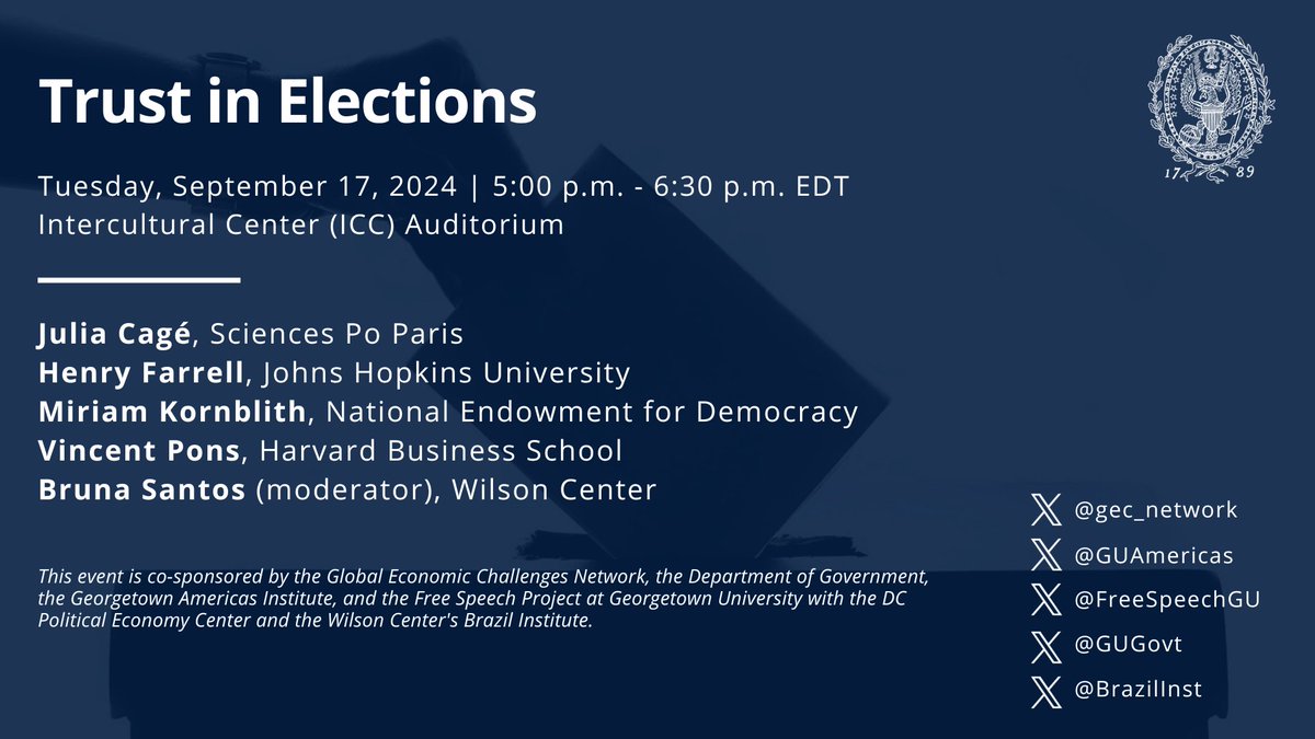 Global Economic Challenges Network (@gec_network) on Twitter photo Join us on Tuesday, September 17 for a discussion on trust in elections around the world and the future of the electoral process. Co-sponsored by <a href="/GUAmericas/">Georgetown Americas Institute</a>, <a href="/GUGovt/">Georgetown Department of Government</a>, <a href="/FreeSpeechGU/">Free Speech Project - Georgetown University</a>, <a href="/BrazilInst/">The Brazil Institute</a>, and the DC Political Economy Center. RSVP here: global.georgetown.edu/events/trust-i… Join us on Tuesday, September 17 for a discussion on trust in elections around the world and the future of the electoral process. Co-sponsored by <a href="/GUAmericas/">Georgetown Americas Institute</a>, <a href="/GUGovt/">Georgetown Department of Government</a>, <a href="/FreeSpeechGU/">Free Speech Project - Georgetown University</a>, <a href="/BrazilInst/">The Brazil Institute</a>, and the DC Political Economy Center. RSVP here: global.georgetown.edu/events/trust-i…