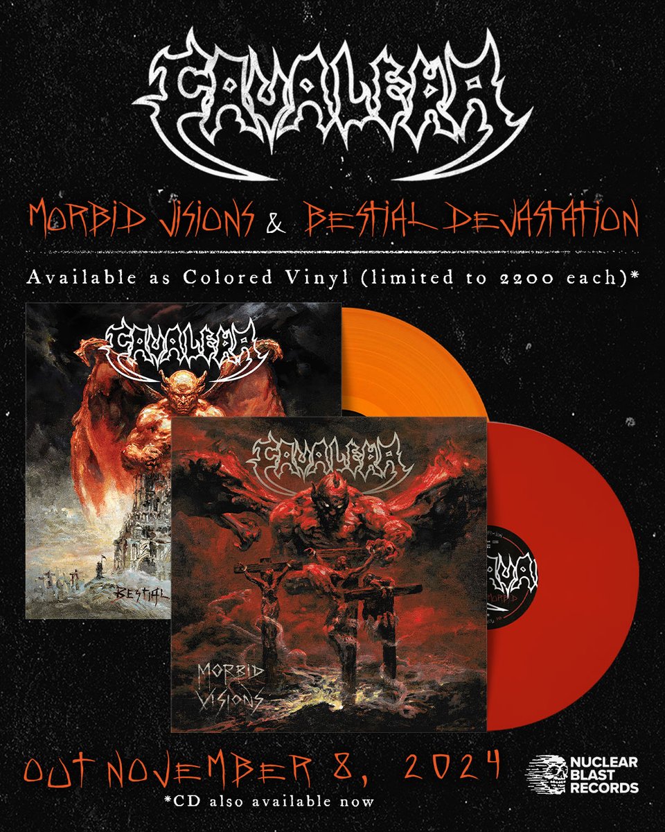 cavconspiracy's tweet photo. New vinyl colors available for pre-order! Out on November 8th via @NuclearBlast.

Morbid Visions
Red Vinyl (Ltd to 2,200)
👉 https://t.co/nWwNm9jQm5

Bestial Devastation
Orange Vinyl (Ltd to 2,200)
👉 https://t.co/5m9bOs96Zr

#Cavalera #Metal #DeathMetal #ThrashMetal #DeathThrash https://t.co/Qa9pc3VMMH