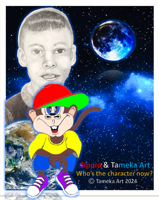 art_tameka's tweet photo. In an earlier post this week, it was revealed that Sippio has the spirit of a 9-year-old boy. I drew my 9-year-old self and placed it in the picture with him. Working to create a unique brand. What are other artists doing to make their work stand out? #tamekaart #buildingabrand https://t.co/kaUw9SxABB