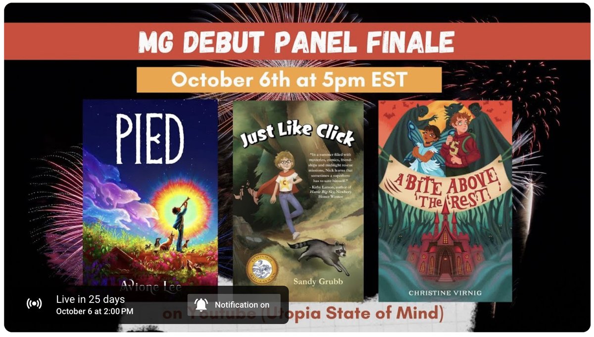 Sandy Grubb 📚 (@sandygrubb) on Twitter photo Please join the fun as three middle grade debut authors (including me!) discuss our books and publishing and the joy of writing for kids. Tune in on October 6 at 2 p.m. (Pacific time). youtube.com/watch?v=HZH_-E… <a href="/Fitzroy_Books/">Fitzroy Books</a> <a href="/StephanieCardel/">Stephanie Cardel (closed to queries)</a> @AvioneLee #ChristineVirnig #MGDebuts Please join the fun as three middle grade debut authors (including me!) discuss our books and publishing and the joy of writing for kids. Tune in on October 6 at 2 p.m. (Pacific time). youtube.com/watch?v=HZH_-E… <a href="/Fitzroy_Books/">Fitzroy Books</a> <a href="/StephanieCardel/">Stephanie Cardel (closed to queries)</a> @AvioneLee #ChristineVirnig #MGDebuts