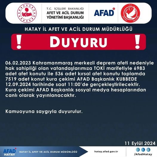 BeyzadeTV's tweet photo. 🚨 HATAY AFAD’DAN KURA DUYURUSU📢
AFAD Hatay, deprem konutlarıyla ilgili yeni kuranın yarın yapılacağını duyurdu.
#Hatay #AfadHatay #Depremkonutları #afad #haksahipliği #kura #çekiliş
@AFADHatay @afadbaskanlik @hatayvaliligi https://t.co/LEX5cS1SQa