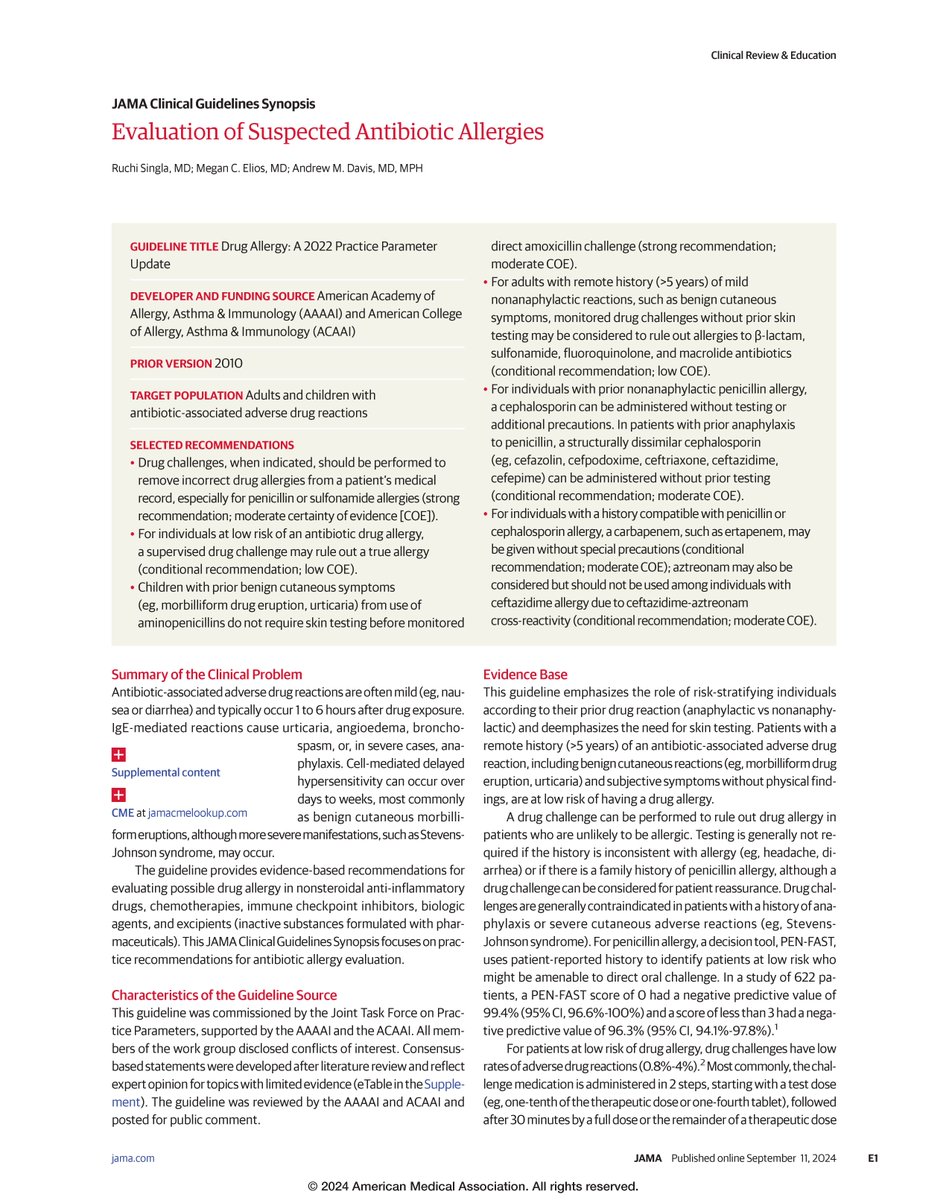 JAMA Clinical Guidelines Synopsis summarizes the 2022 recommendations on evaluation of suspected antibiotic allergies from <a href="/AAAAI_org/">AAAAI</a> and <a href="/ACAAI/">ACAAI</a>. ja.ma/3B3esm7
