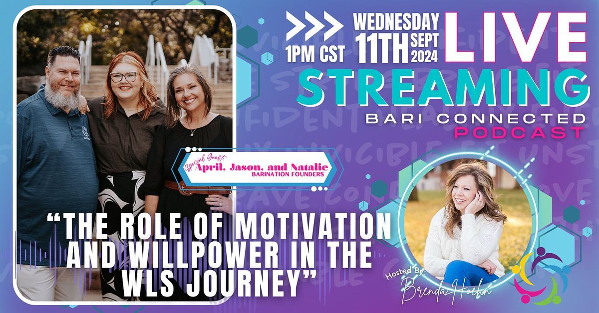 Join us TODAY at 1pm CST for 'The Role of Motivation and Willpower in the WLS Journey' with BariNation Founders April, Jason, and Natalie. 💪✨ Discover how to harness your inner strength and stay motivated on your weight loss surgery journey. Don't miss this inspiring session!