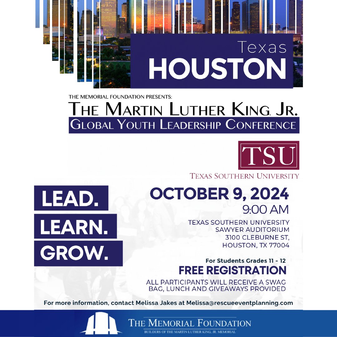 Memorial Foundation (@memfoundation) on Twitter photo 🌟 Calling all future leaders! 🌟
Join us for The Martin Luther King, Jr. Global Youth Leadership Conference in Houston, Texas!
For more info, click the link below or contact Melissa@rescueeventplanning.com
GYLCTSU.eventbrite.com 🌟 Calling all future leaders! 🌟
Join us for The Martin Luther King, Jr. Global Youth Leadership Conference in Houston, Texas!
For more info, click the link below or contact Melissa@rescueeventplanning.com
GYLCTSU.eventbrite.com