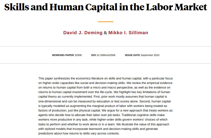 NBER (@nberpubs) on Twitter photo A literature review on human capital with a focus on social skills, decision making, and other higher-order capacities, from <a href="/ProfDavidDeming/">David Deming</a> and <a href="/m_silliman/">mikko silliman</a> nber.org/papers/w32908 A literature review on human capital with a focus on social skills, decision making, and other higher-order capacities, from <a href="/ProfDavidDeming/">David Deming</a> and <a href="/m_silliman/">mikko silliman</a> nber.org/papers/w32908