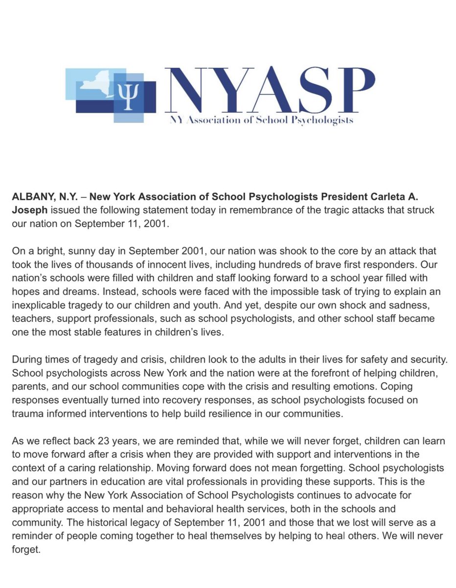 NYASP President Carleta A. Joseph issued the following statement today in remembrance of the tragic attacks that struck our nation on September 11, 2001. Let us never forget nyasp.wildapricot.org/resources/Legi…