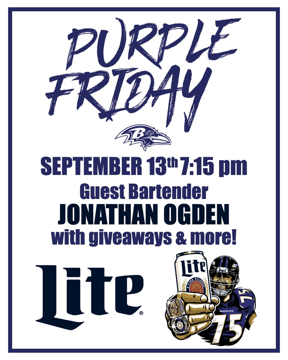Join us on September 13th at 7:15 pm for an epic night featuring guest bartender Jonathan Ogden, giveaways, and so much more!  Get your game face on and cheer the Ravens on as they fly to victory! 

#PurpleFriday #JonathanOgden #MothersGrille