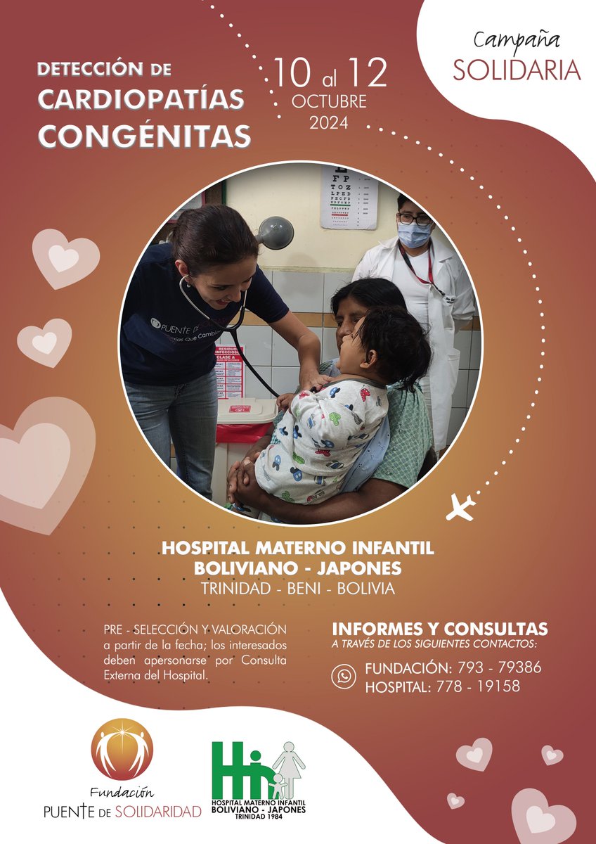 PteSolidaridad's tweet photo. Nuestra acción en clave solidaria se extiende hasta Trinidad, Beni; junto al Hospital Materno Infantil Boliviano Japonés con quienes llevaremos a cabo una Campaña de Detección de Cardiopatías Congénitas, en el marco de nuestro Programa de Cirugías de Corazón. https://t.co/9GN1Mt9VNe